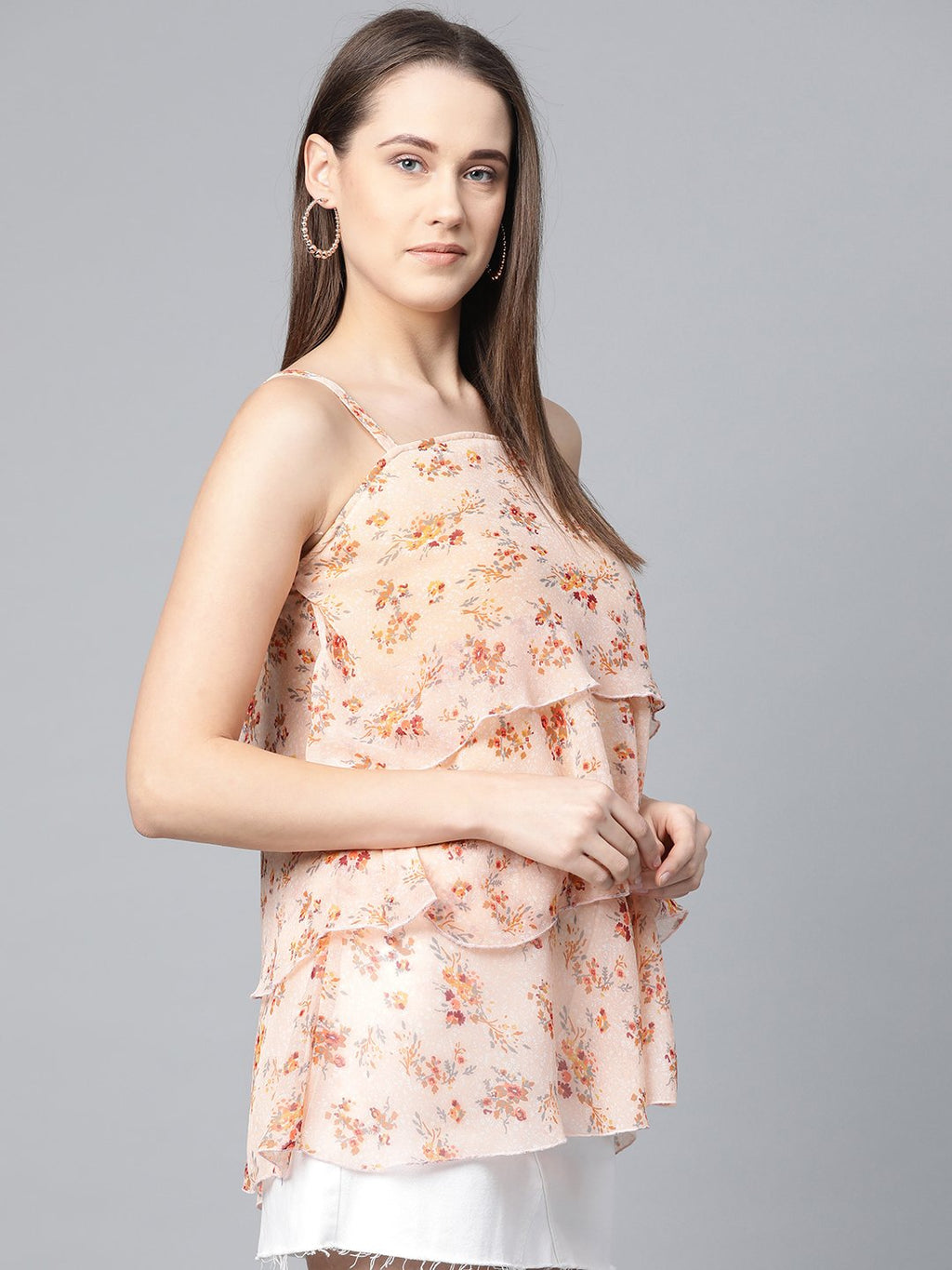 Jompers Women Peach-Coloured & Grey Printed Tiered Top | Grocsy