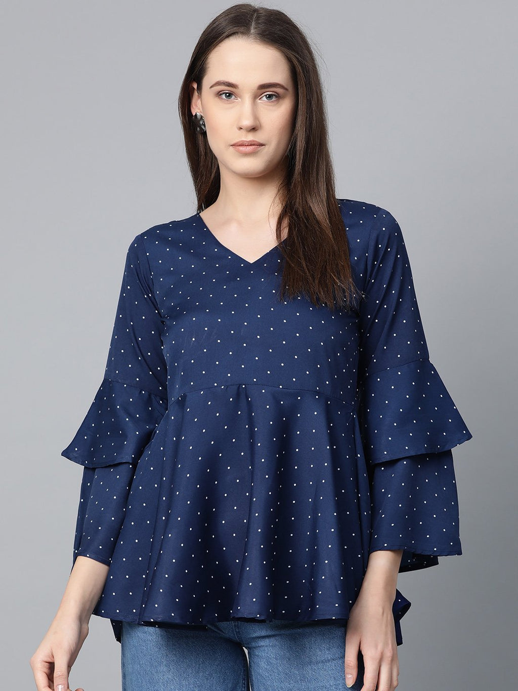 Jompers Women Navy Blue & White Printed A-Line Top | Grocsy