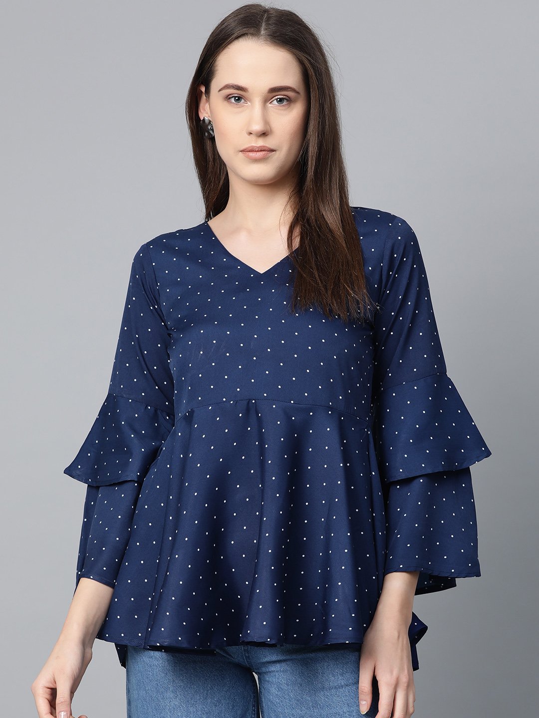 Jompers Women Navy Blue & White Printed A-Line Top | Grocsy