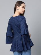 Jompers Women Navy Blue & White Printed A-Line Top | Grocsy