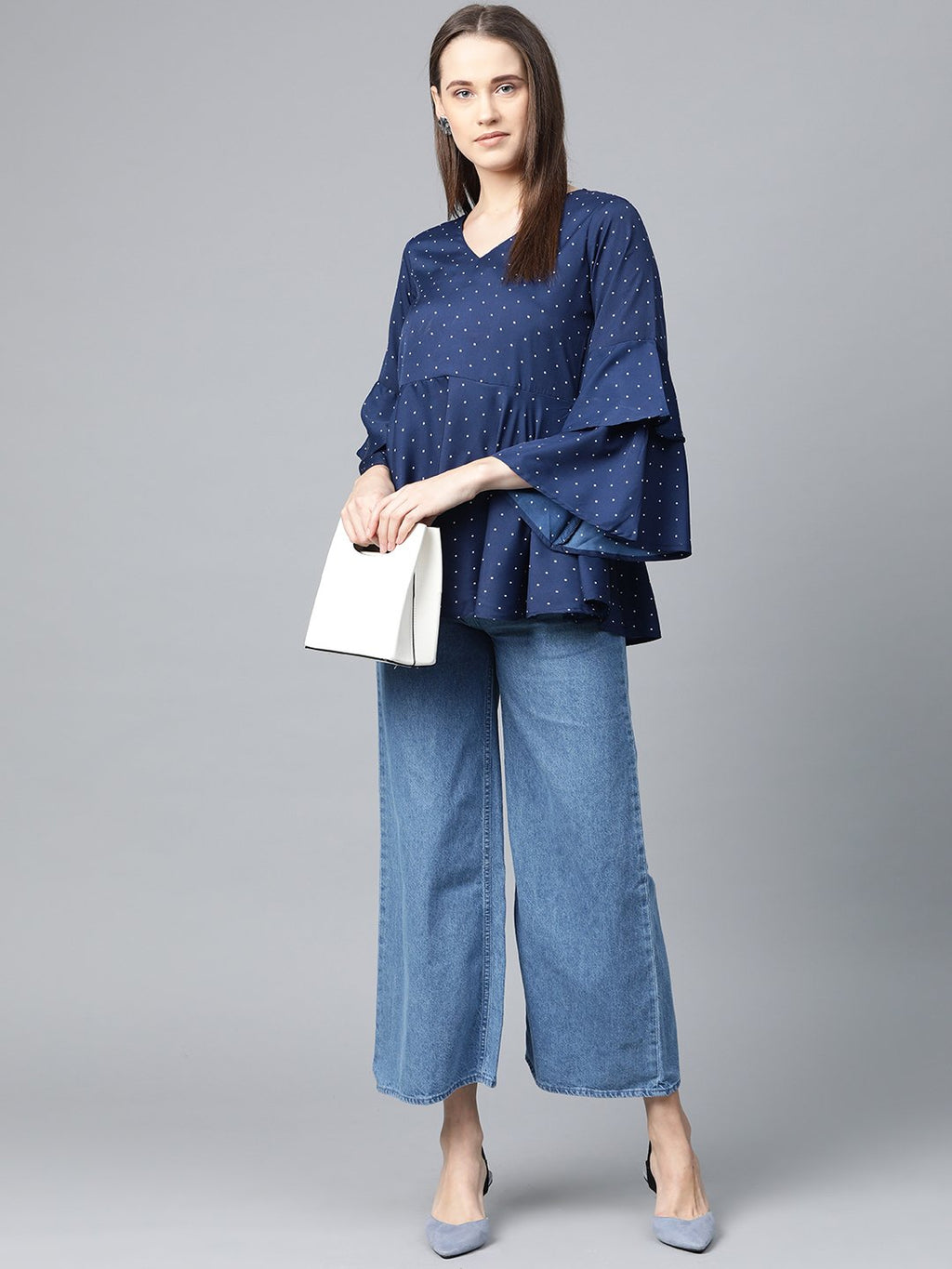 Jompers Women Navy Blue & White Printed A-Line Top | Grocsy