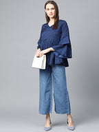 Jompers Women Navy Blue & White Printed A-Line Top | Grocsy