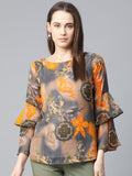 Jompers Women Grey & Mustard Printed Top | Grocsy