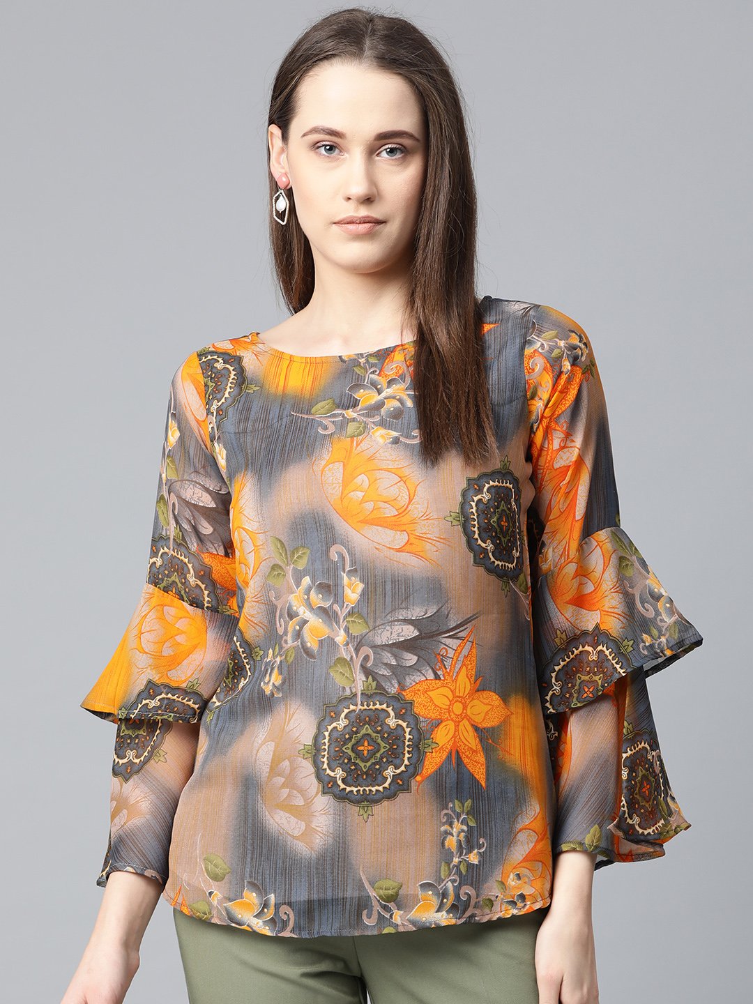 Jompers Women Grey & Mustard Printed Top | Grocsy