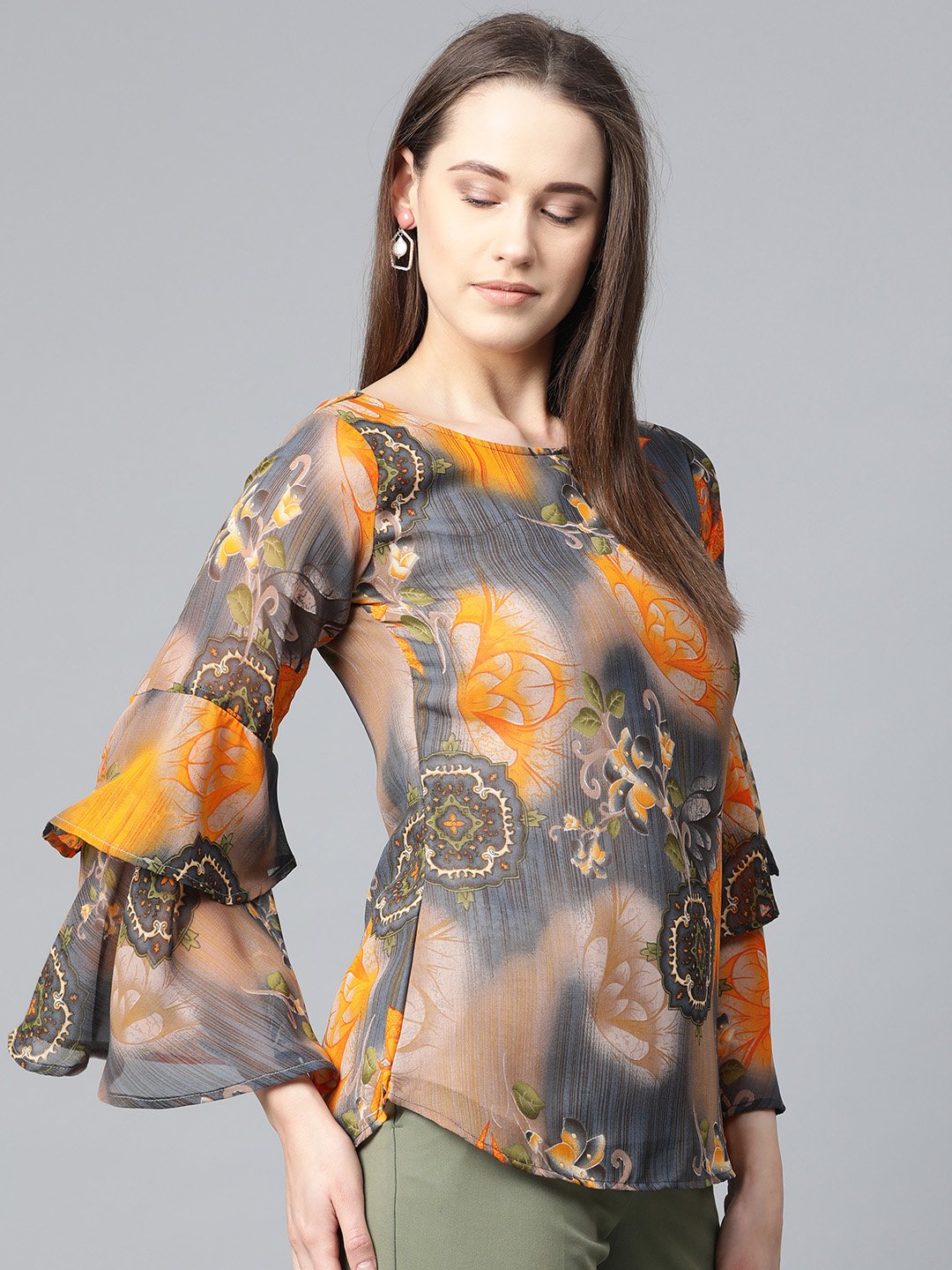Jompers Women Grey & Mustard Printed Top | Grocsy