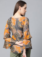 Jompers Women Grey & Mustard Printed Top | Grocsy
