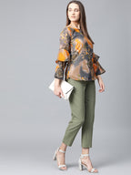 Jompers Women Grey & Mustard Printed Top | Grocsy