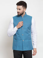 Jompers Men Turquoise Blue Woven Design Nehru Jacket | Grocsy