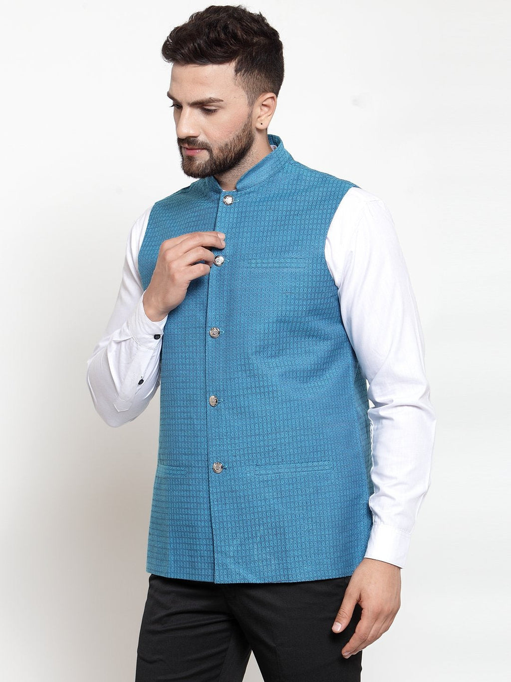 Jompers Men Turquoise Blue Woven Design Nehru Jacket | Grocsy