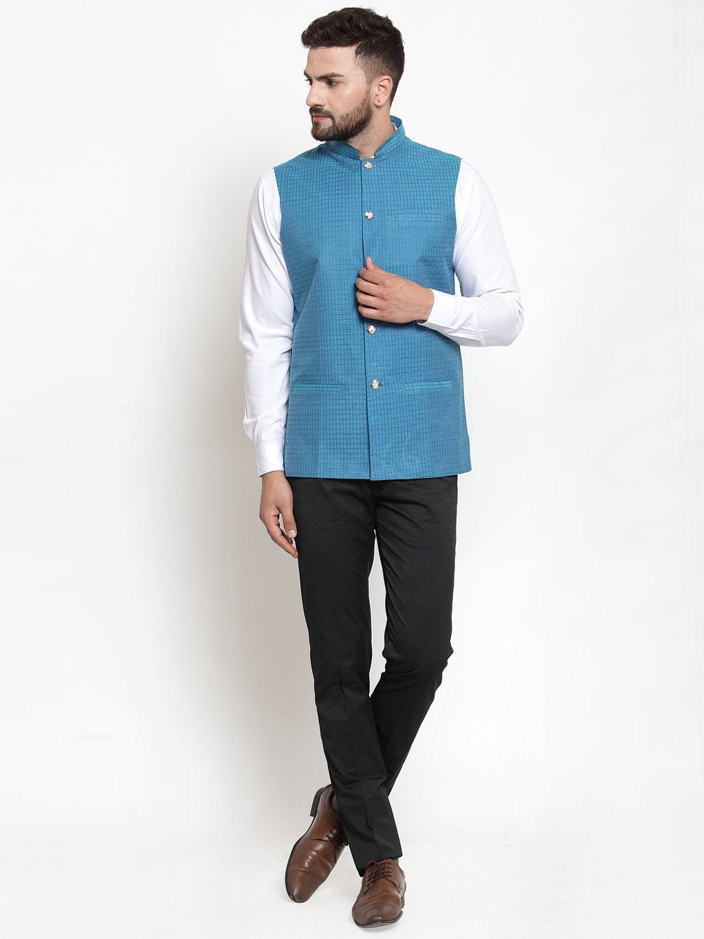 Jompers Men Turquoise Blue Woven Design Nehru Jacket | Grocsy