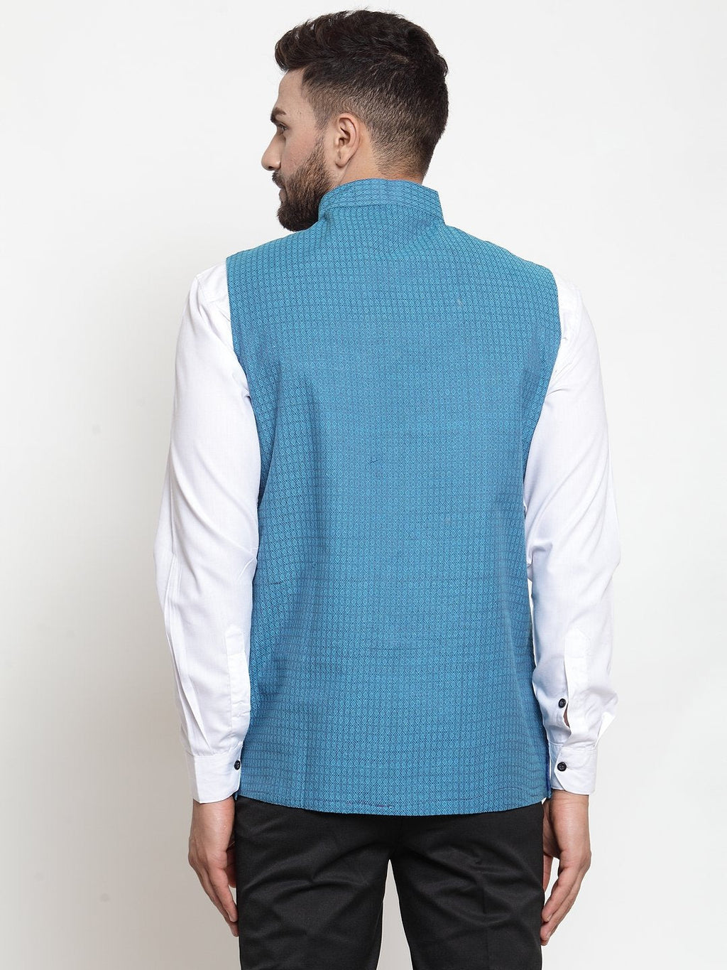 Jompers Men Turquoise Blue Woven Design Nehru Jacket | Grocsy