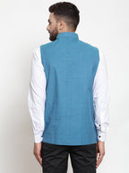 Jompers Men Turquoise Blue Woven Design Nehru Jacket | Grocsy