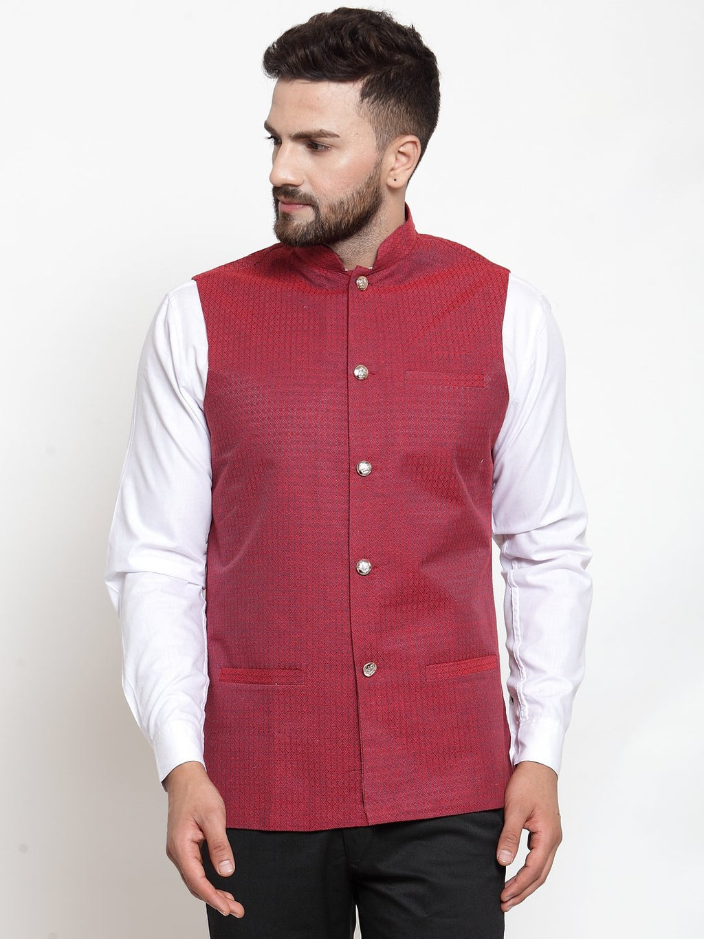 Jompers Men Maroon Woven Nehru Jacket | Grocsy
