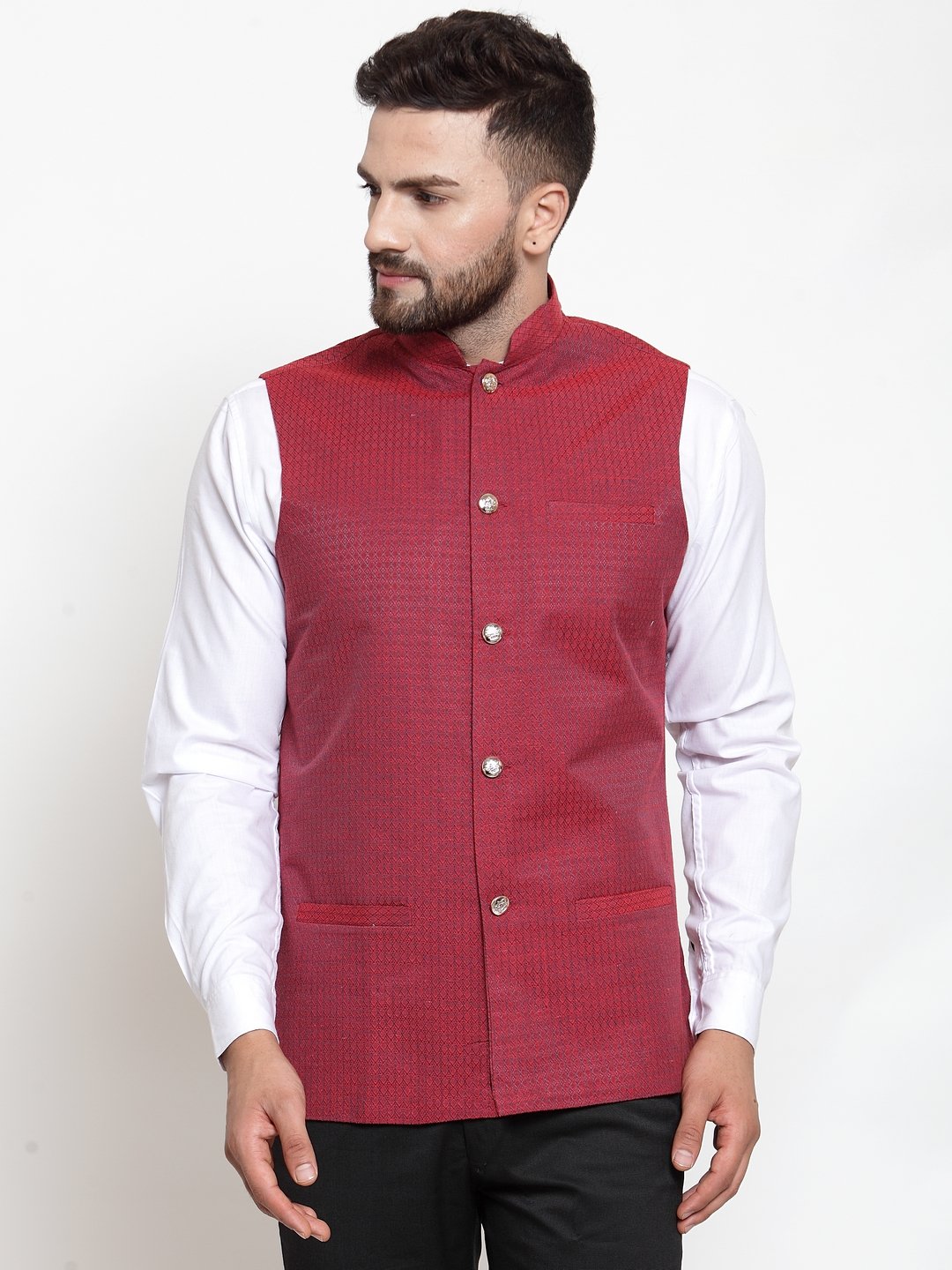 Jompers Men Maroon Woven Nehru Jacket | Grocsy