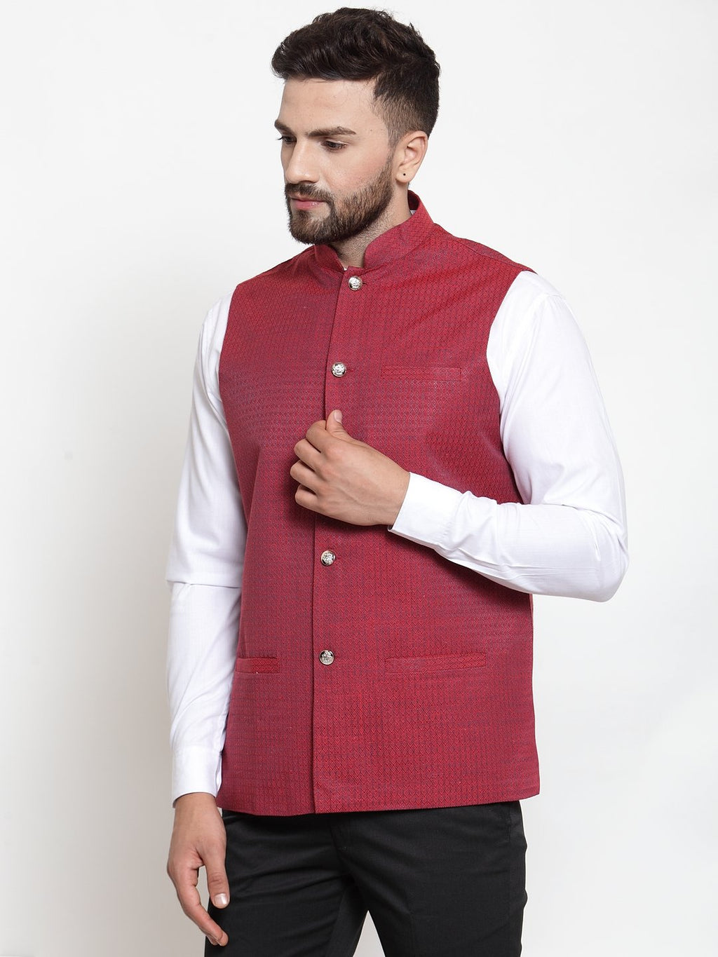 Jompers Men Maroon Woven Nehru Jacket | Grocsy