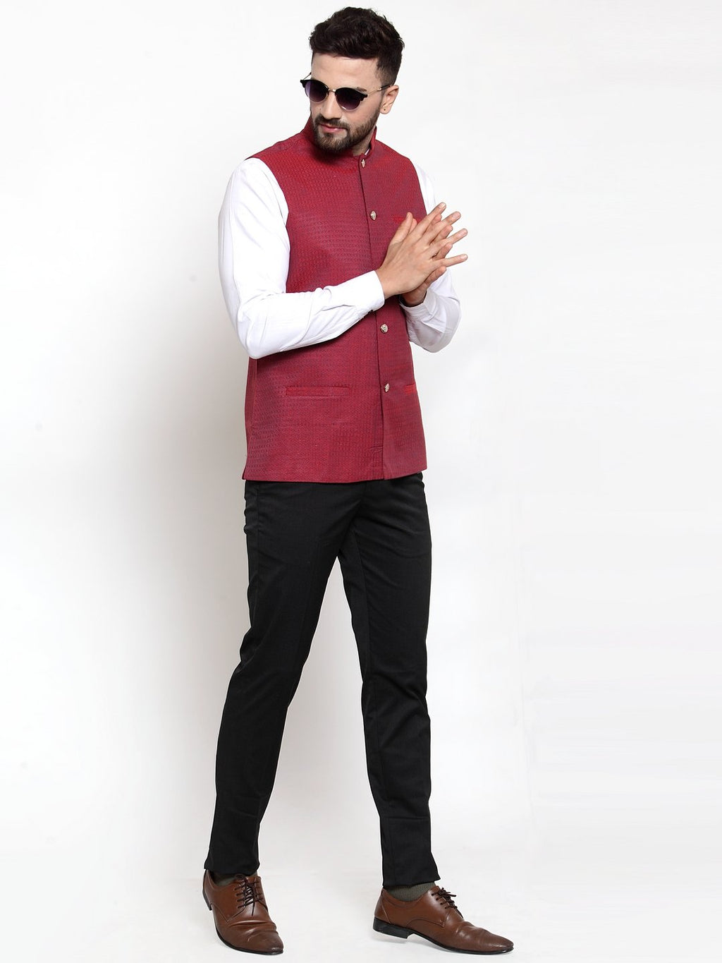 Jompers Men Maroon Woven Nehru Jacket | Grocsy
