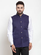 Jompers Men Navy-Blue Woven Design Nehru Jacket | Grocsy