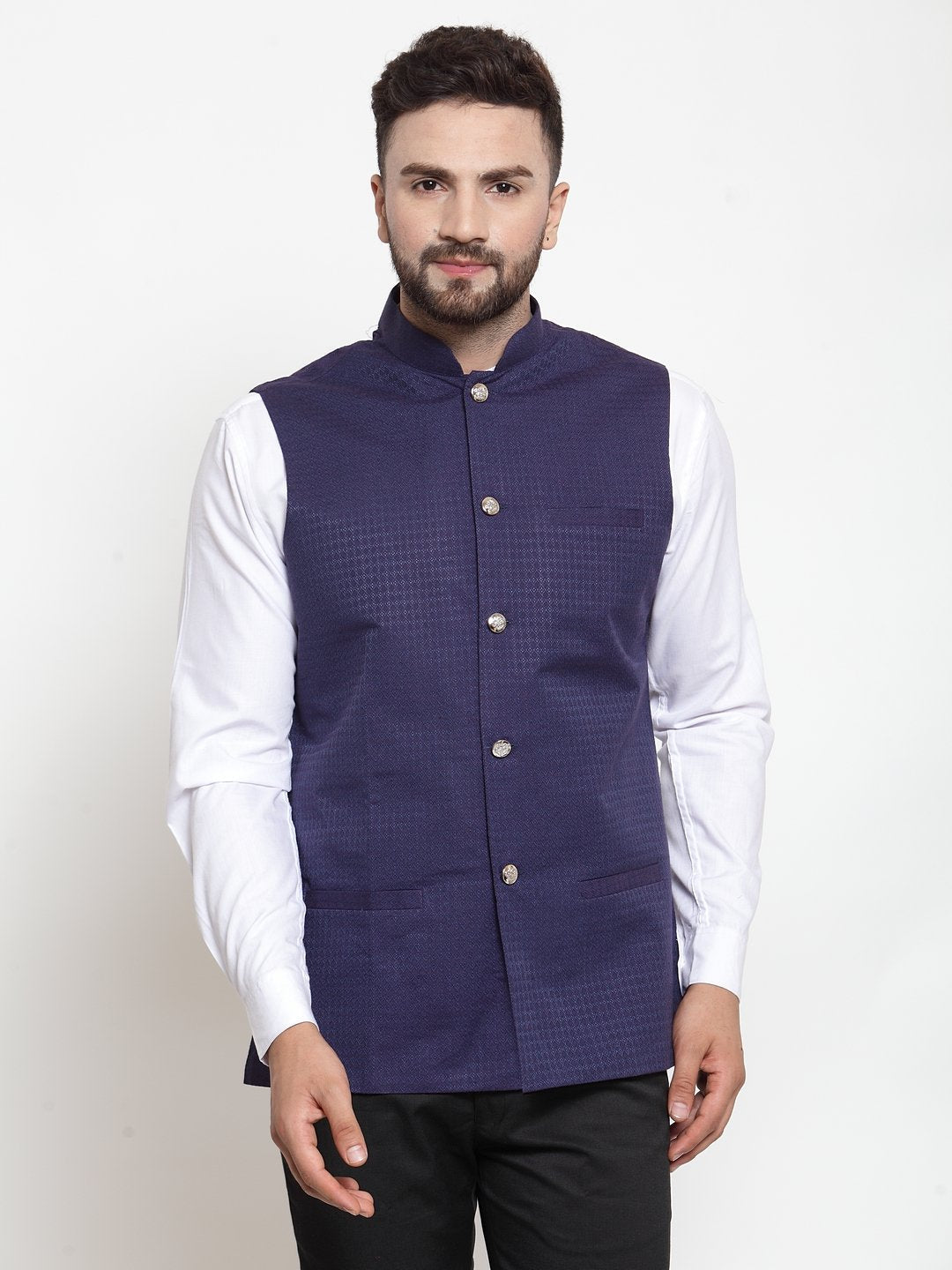 Jompers Men Navy-Blue Woven Design Nehru Jacket | Grocsy