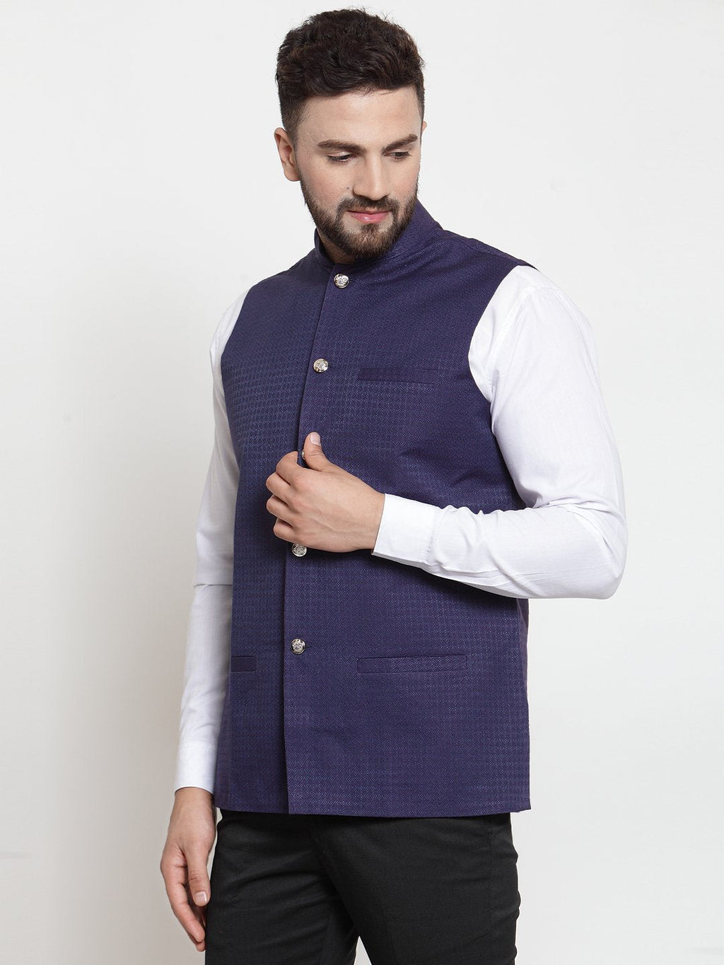 Jompers Men Navy-Blue Woven Design Nehru Jacket | Grocsy