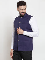 Jompers Men Navy-Blue Woven Design Nehru Jacket | Grocsy