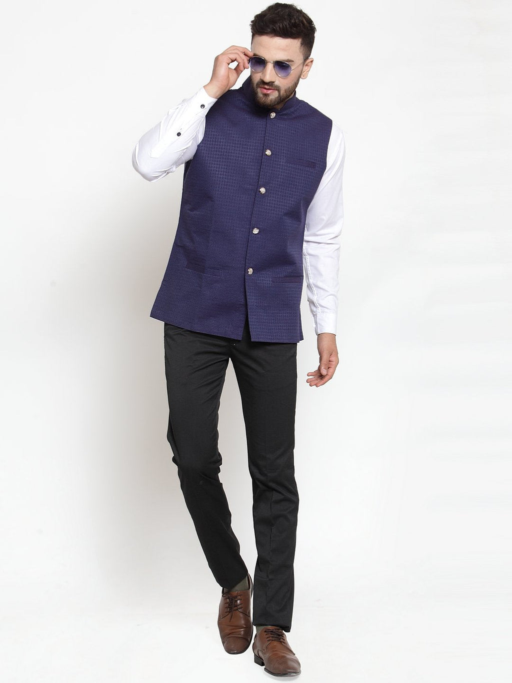 Jompers Men Navy-Blue Woven Design Nehru Jacket | Grocsy