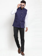 Jompers Men Navy-Blue Woven Design Nehru Jacket | Grocsy