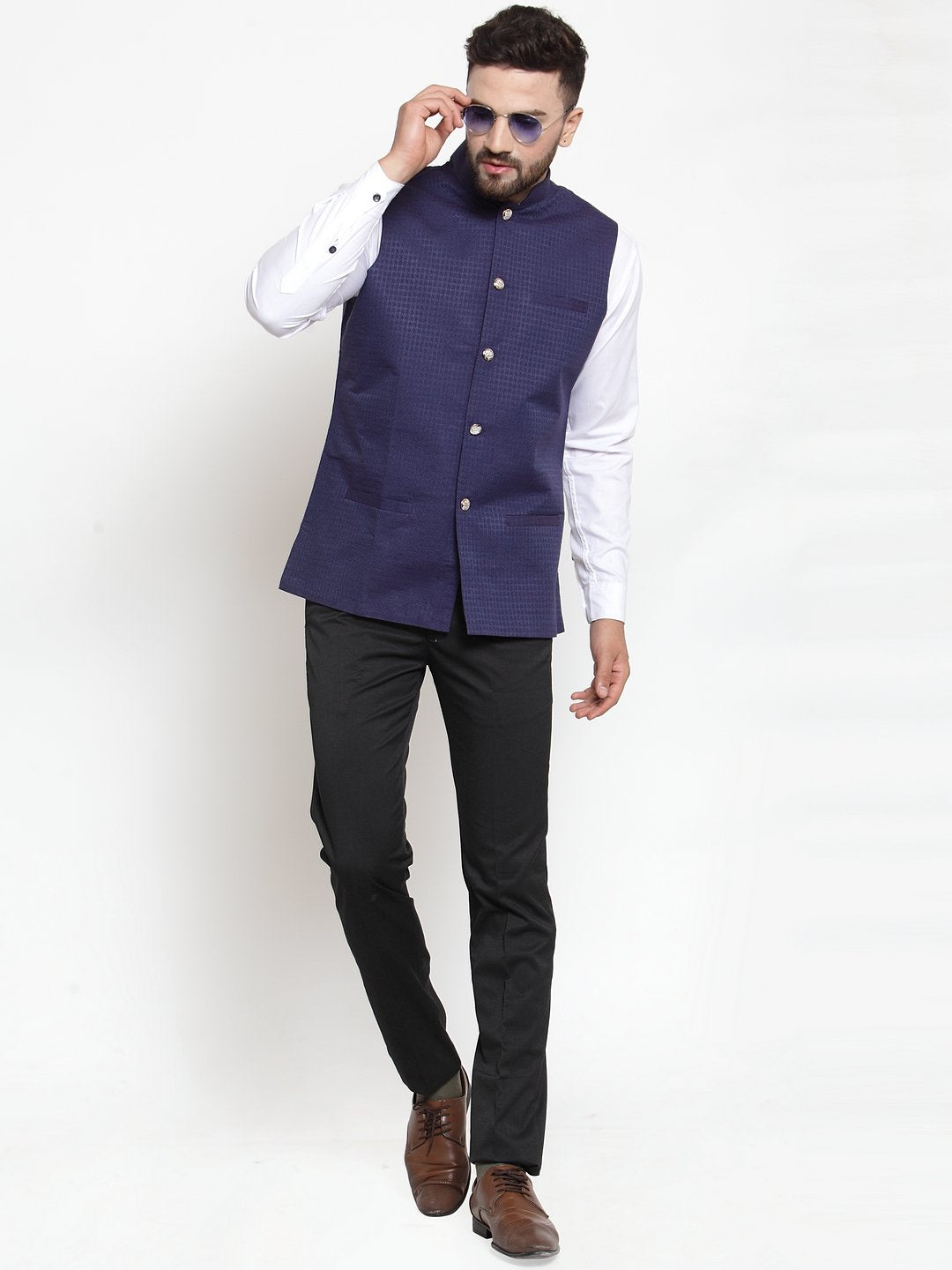 Jompers Men Navy-Blue Woven Design Nehru Jacket | Grocsy