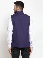 Jompers Men Navy-Blue Woven Design Nehru Jacket | Grocsy