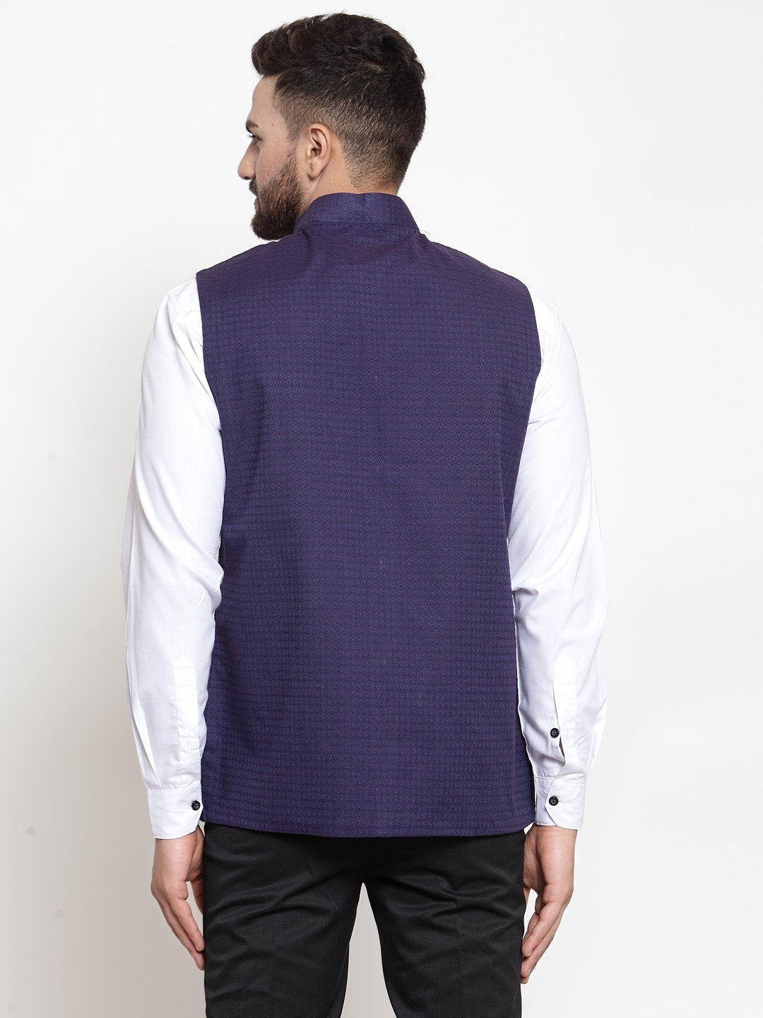 Jompers Men Navy-Blue Woven Design Nehru Jacket | Grocsy