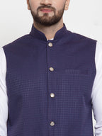 Jompers Men Navy-Blue Woven Design Nehru Jacket | Grocsy