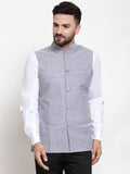 Jompers Men Steel-Blue Woven Design Nehru Jacket | Grocsy