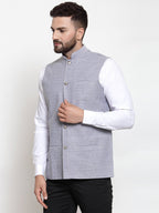 Jompers Men Steel-Blue Woven Design Nehru Jacket | Grocsy