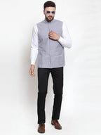 Jompers Men Steel-Blue Woven Design Nehru Jacket | Grocsy