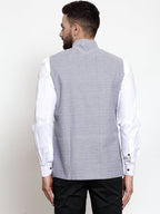 Jompers Men Steel-Blue Woven Design Nehru Jacket | Grocsy