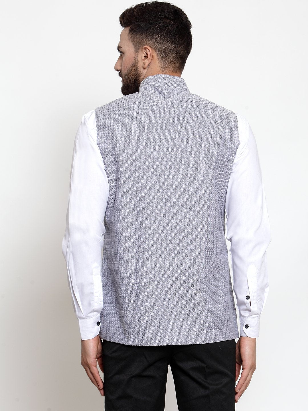 Jompers Men Steel-Blue Woven Design Nehru Jacket | Grocsy
