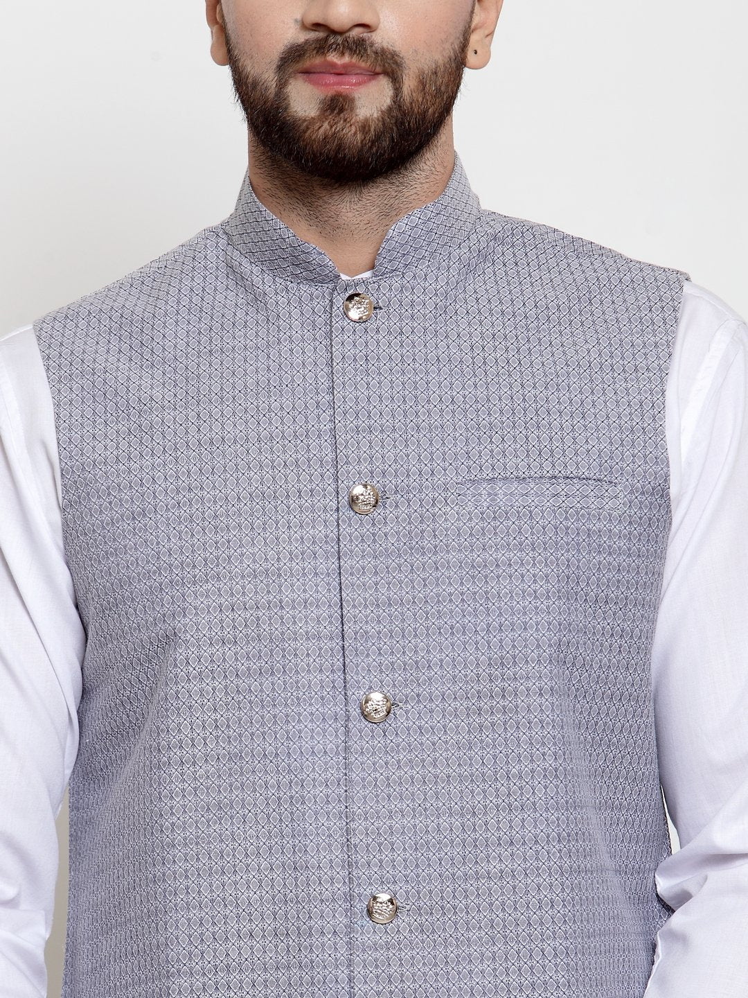 Jompers Men Steel-Blue Woven Design Nehru Jacket | Grocsy
