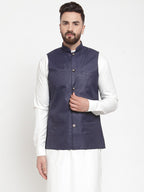Jompers Men Navy-Blue Solid Nehru Jacket | Grocsy
