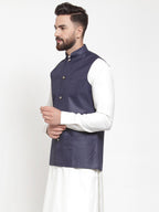 Jompers Men Navy-Blue Solid Nehru Jacket | Grocsy