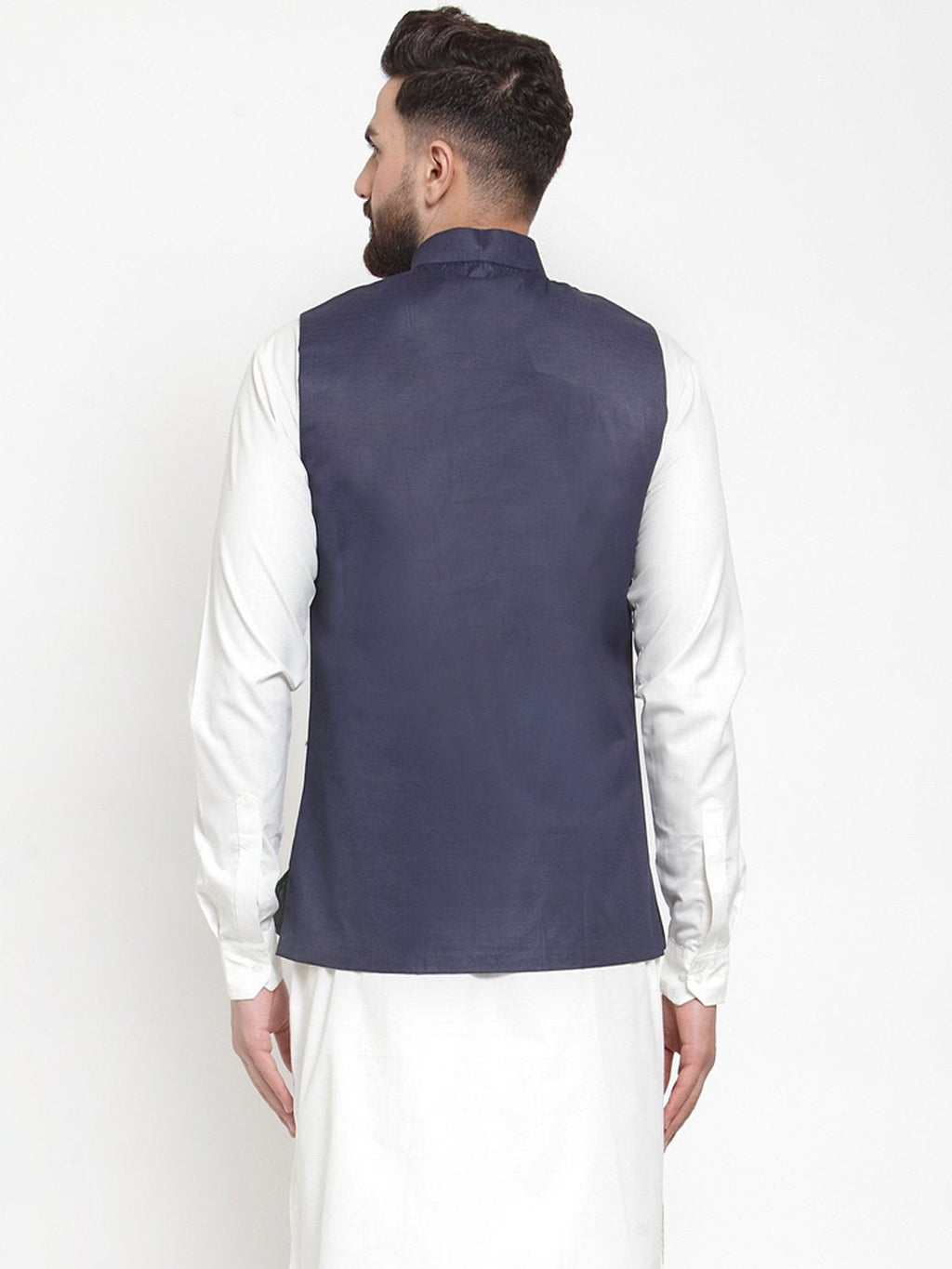 Jompers Men Navy-Blue Solid Nehru Jacket | Grocsy