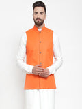 Jompers Men Orange Solid Nehru Jacket | Grocsy