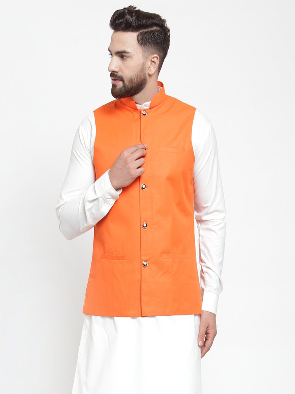 Jompers Men Orange Solid Nehru Jacket | Grocsy