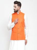 Jompers Men Orange Solid Nehru Jacket | Grocsy