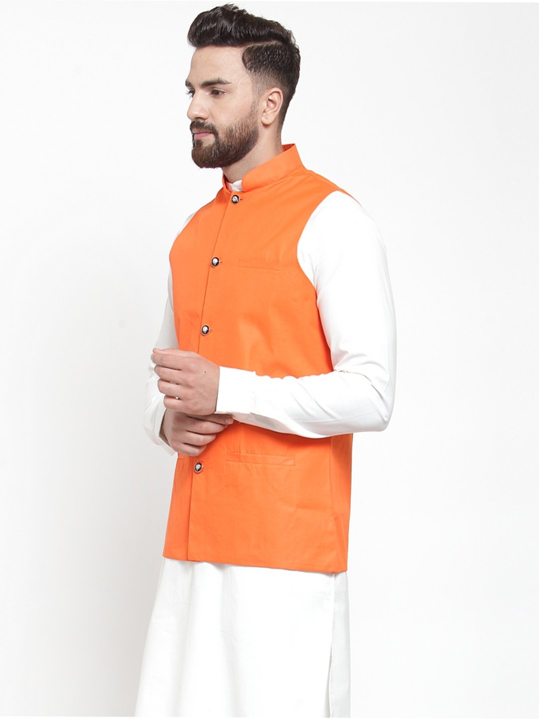 Jompers Men Orange Solid Nehru Jacket | Grocsy
