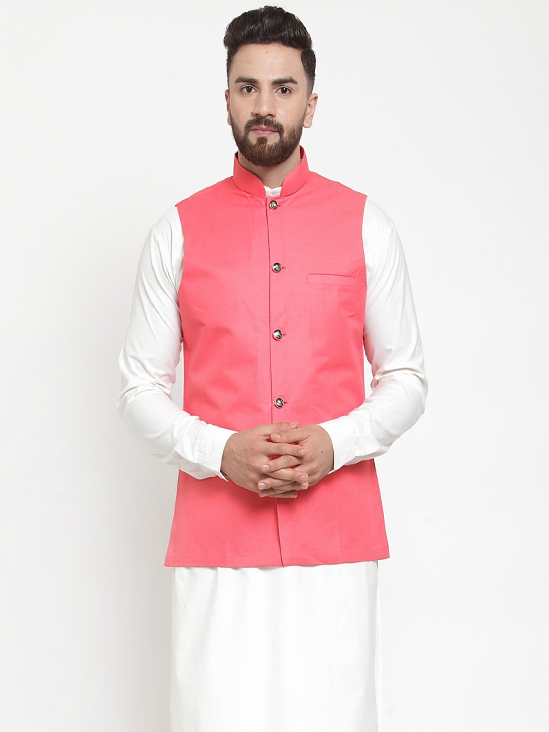 Jompers Men Peach Solid Nehru Jacket | Grocsy