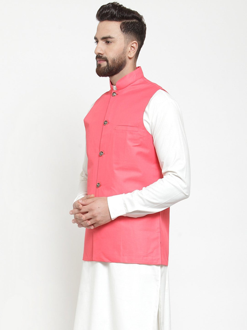Jompers Men Peach Solid Nehru Jacket | Grocsy