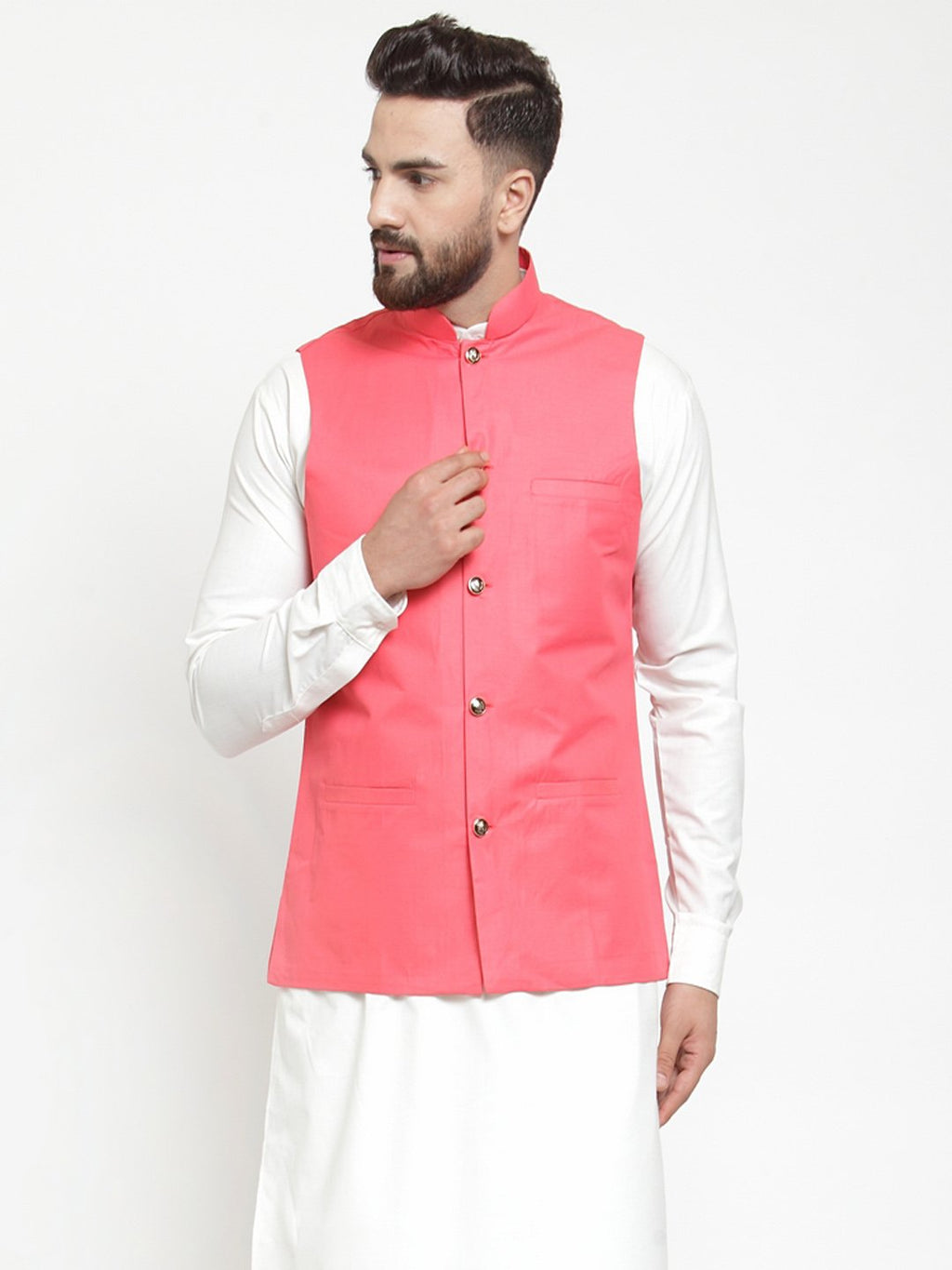 Jompers Men Peach Solid Nehru Jacket | Grocsy