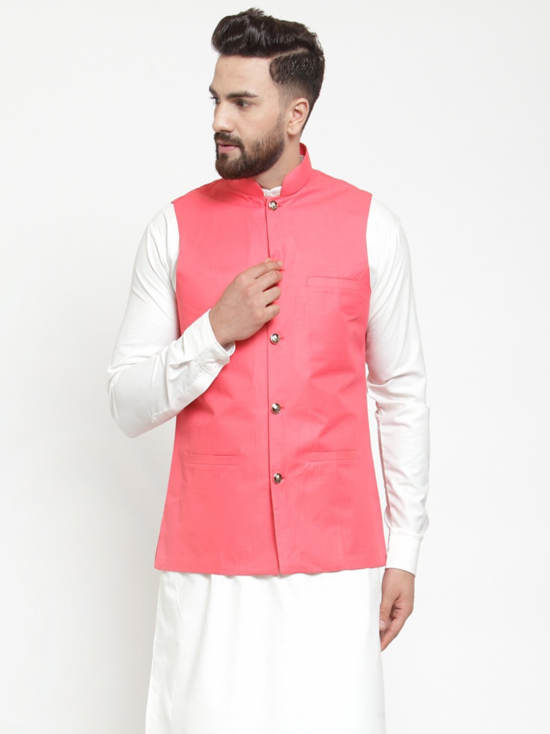 Jompers Men Peach Solid Nehru Jacket | Grocsy