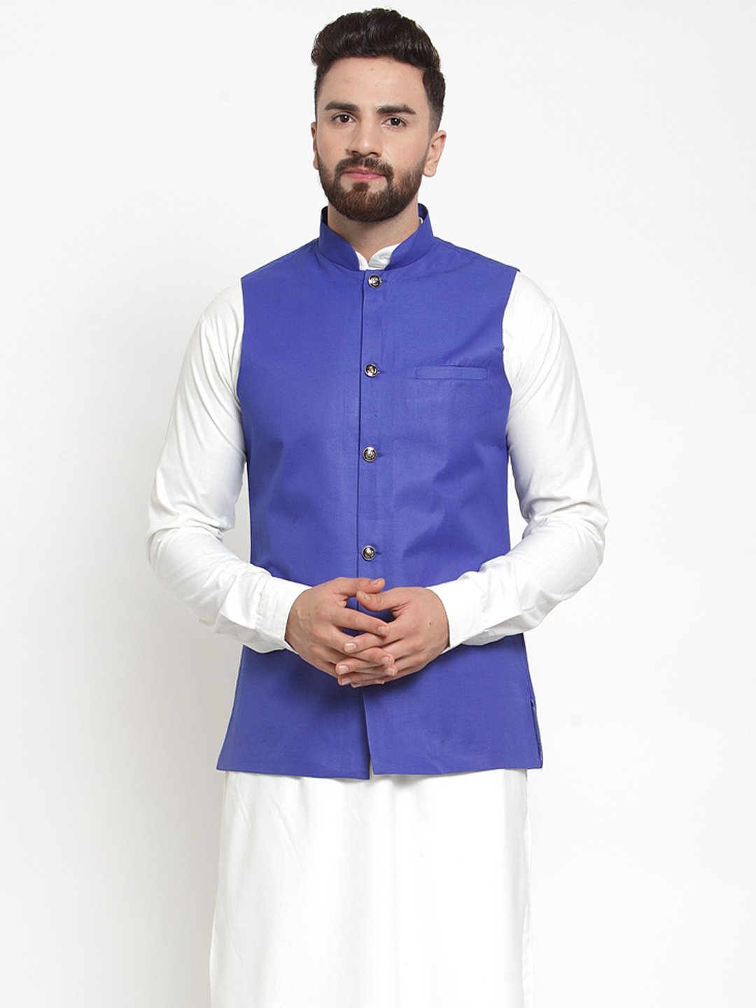 Jompers Men Royal-Blue Solid Nehru Jacket | Grocsy