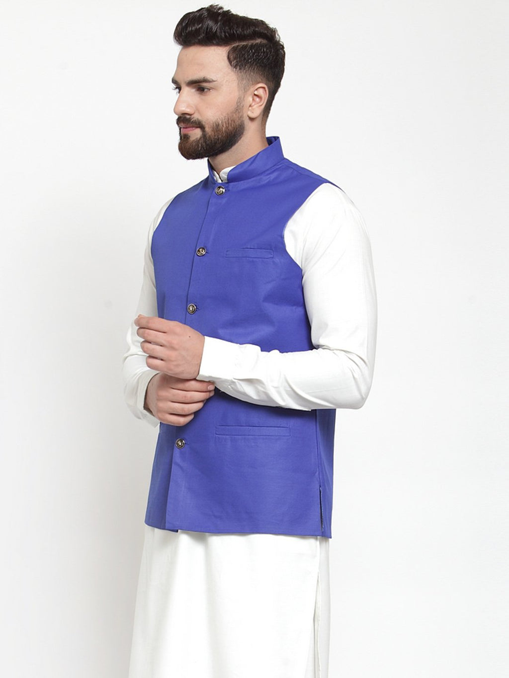 Jompers Men Royal-Blue Solid Nehru Jacket | Grocsy