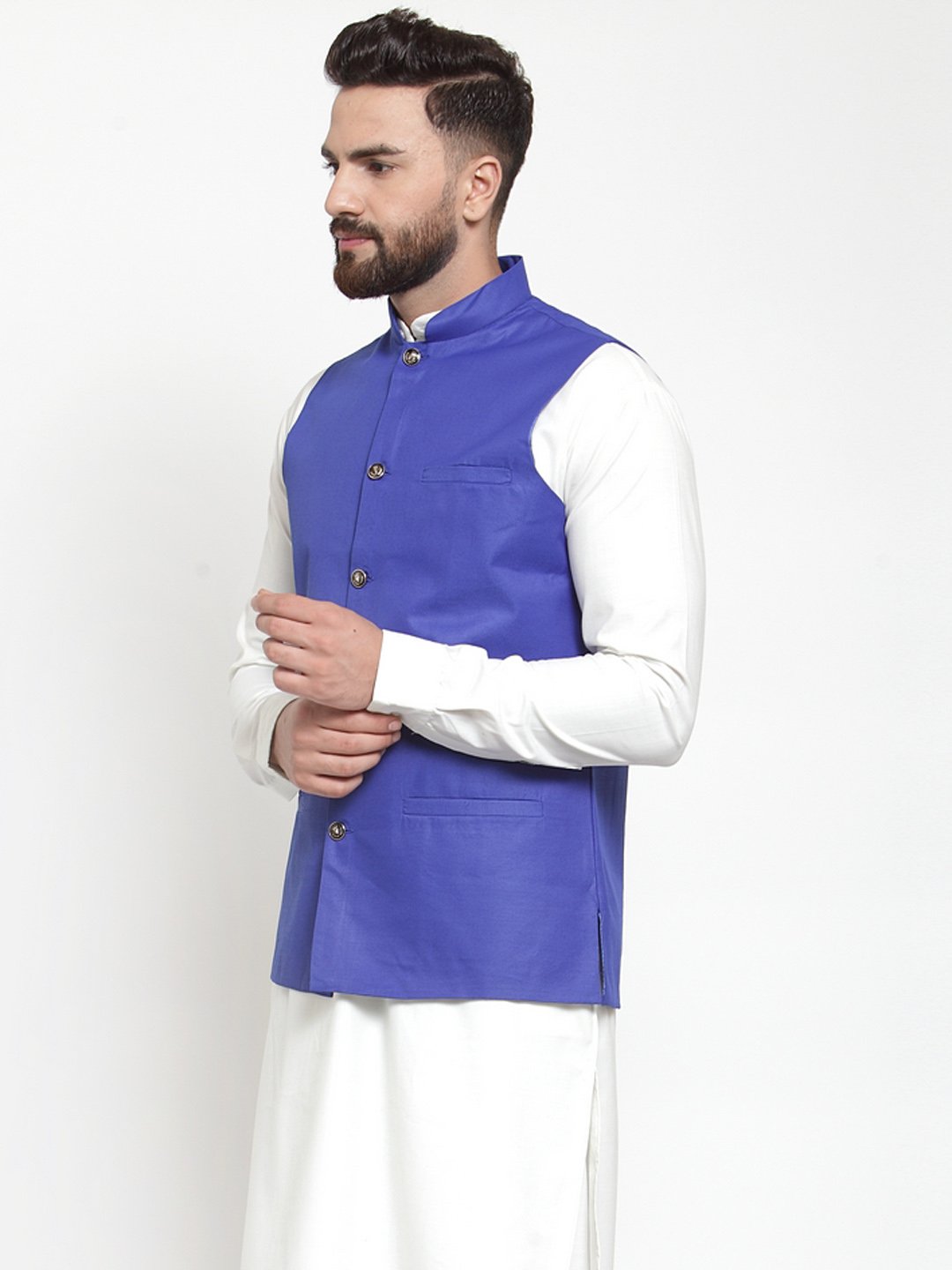 Jompers Men Royal-Blue Solid Nehru Jacket | Grocsy